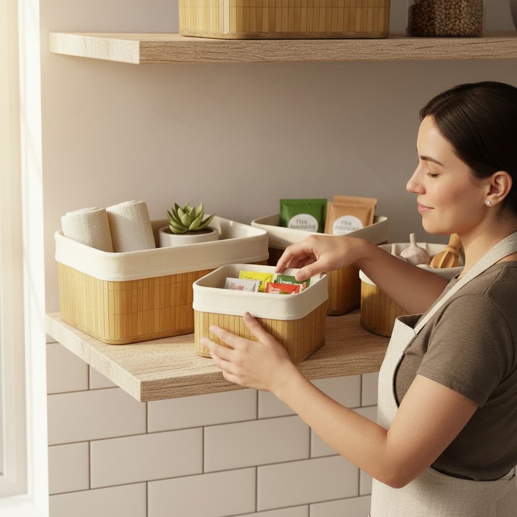 Kit 4 Cestos Organizadores De Bambu Multiuso Cozinha Banheiro Quarto Elegância Charme