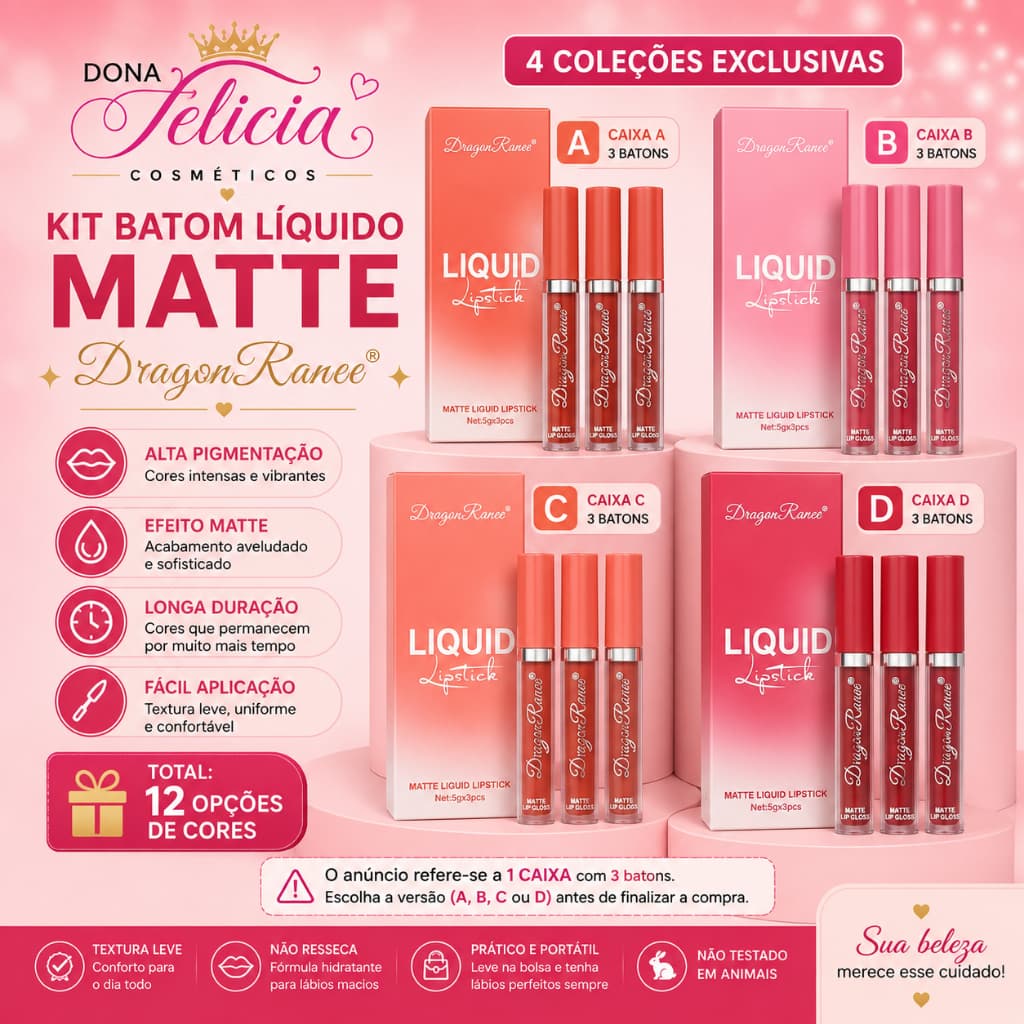Kit Batom Líquido Matte DragonRanee 12 Cores Caixa A B C D Alta Pigmentação Longa Duração