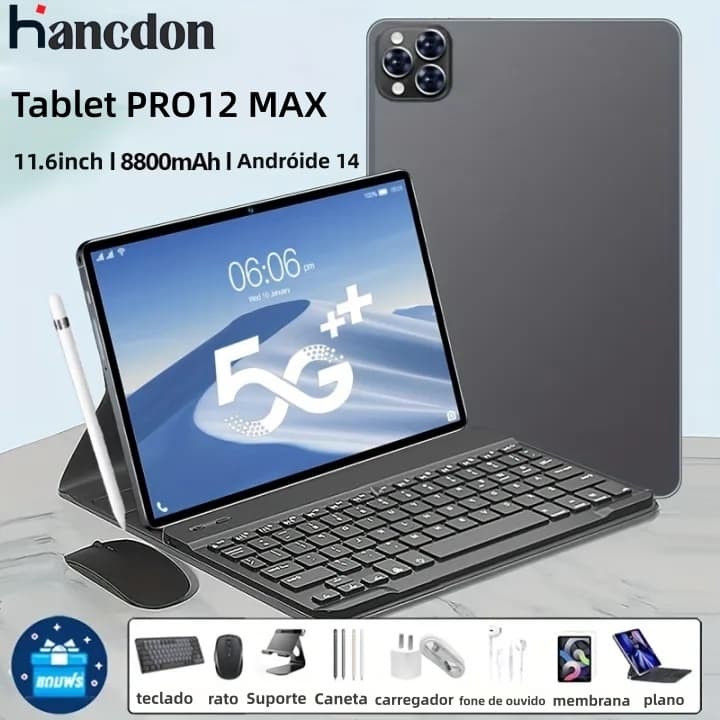 【Teclado + Mouse Grátis】Tablet PC Hancdon Tab PRO 12 MAX – 11.6" Android 14 5G 8800mAh  12GB+512GB Redução de WIFI