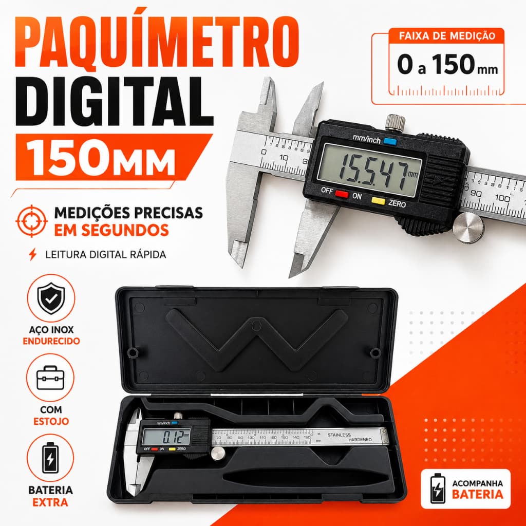 Paquímetro Digital todo em  Inox com Bateria Extra e  Estojo 150mm Universal Inox - Nybc