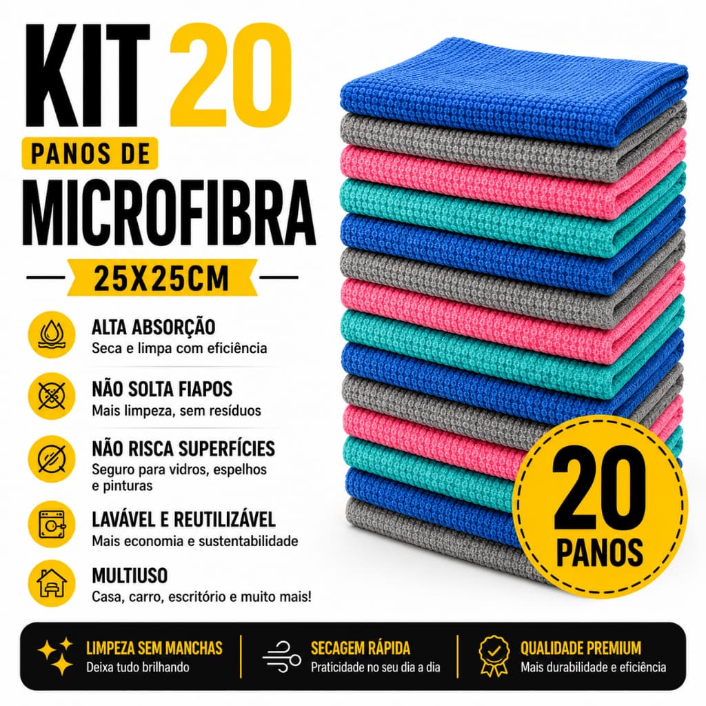 Kit 20 Panos Microfibra 25x25cm Limpeza Multiuso Carro Vidro Cozinha Sem Fiapos