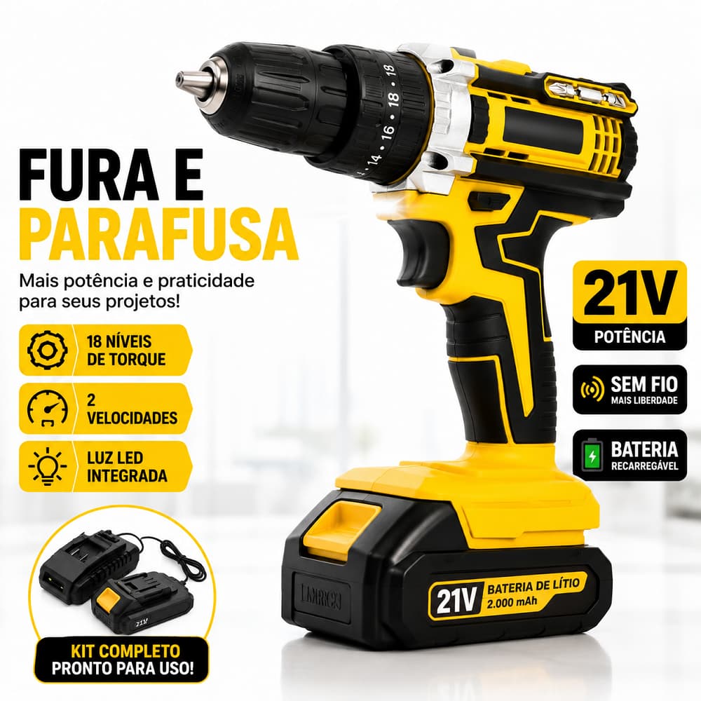 Furadeira Parafusadeira 21V Sem Fio Bateria Recarregável 2 Velocidades 18 Torque LED Furadeira e Parafusadeira