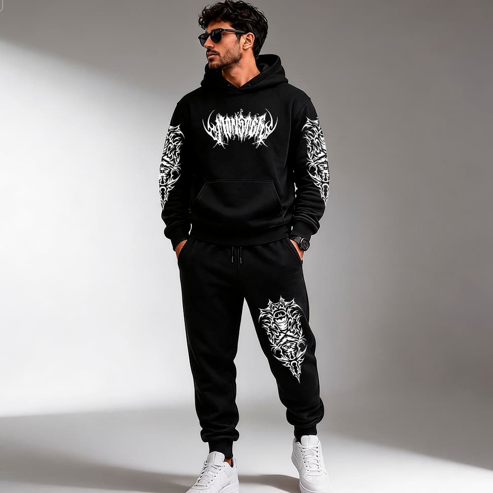 Kit Conjunto Moletom Canguru Capuz e Calça Moletom Jogger Algodão Gótico Tribal Dark Metal Streetwear Y2k