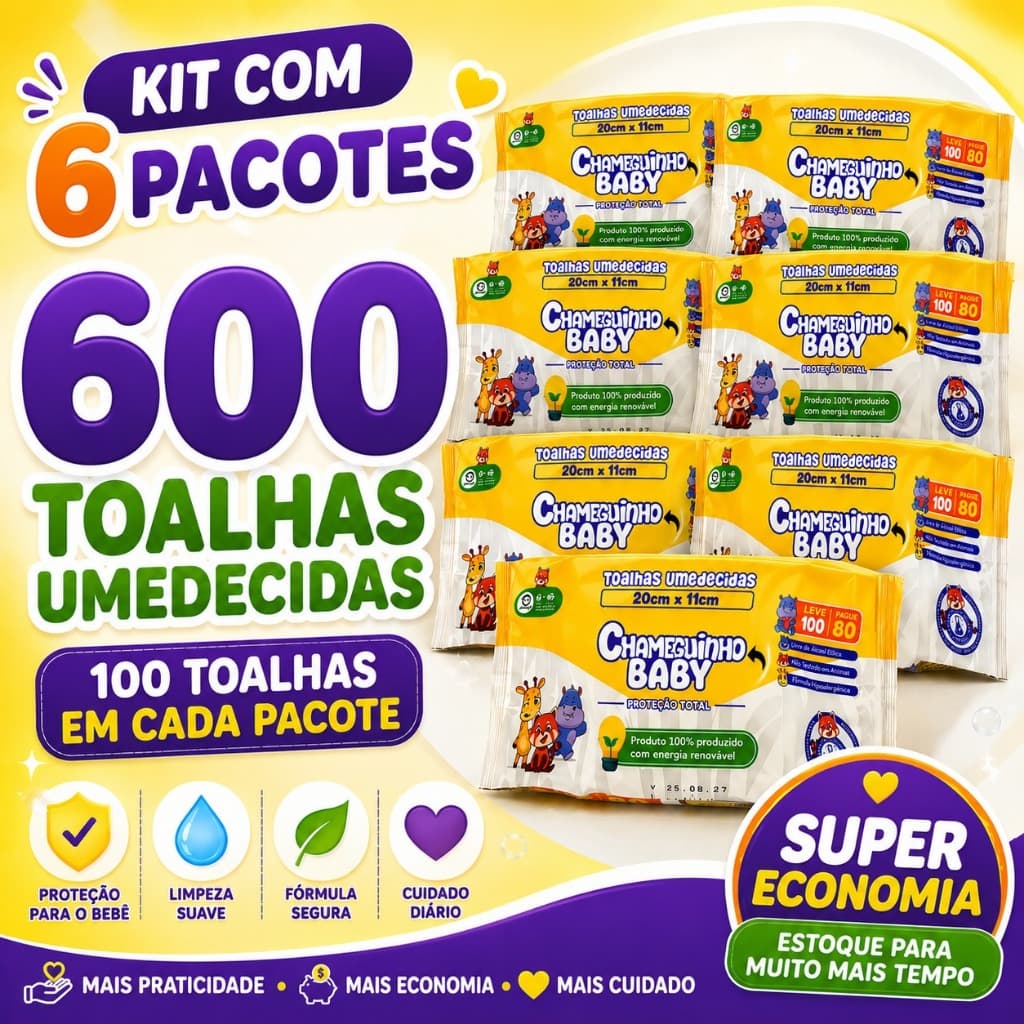 600 Lencos Umedecidos Chameguinho Baby 6 Pacotes 100 Folhas Sem Alcool Toalha Umedecida Infantil