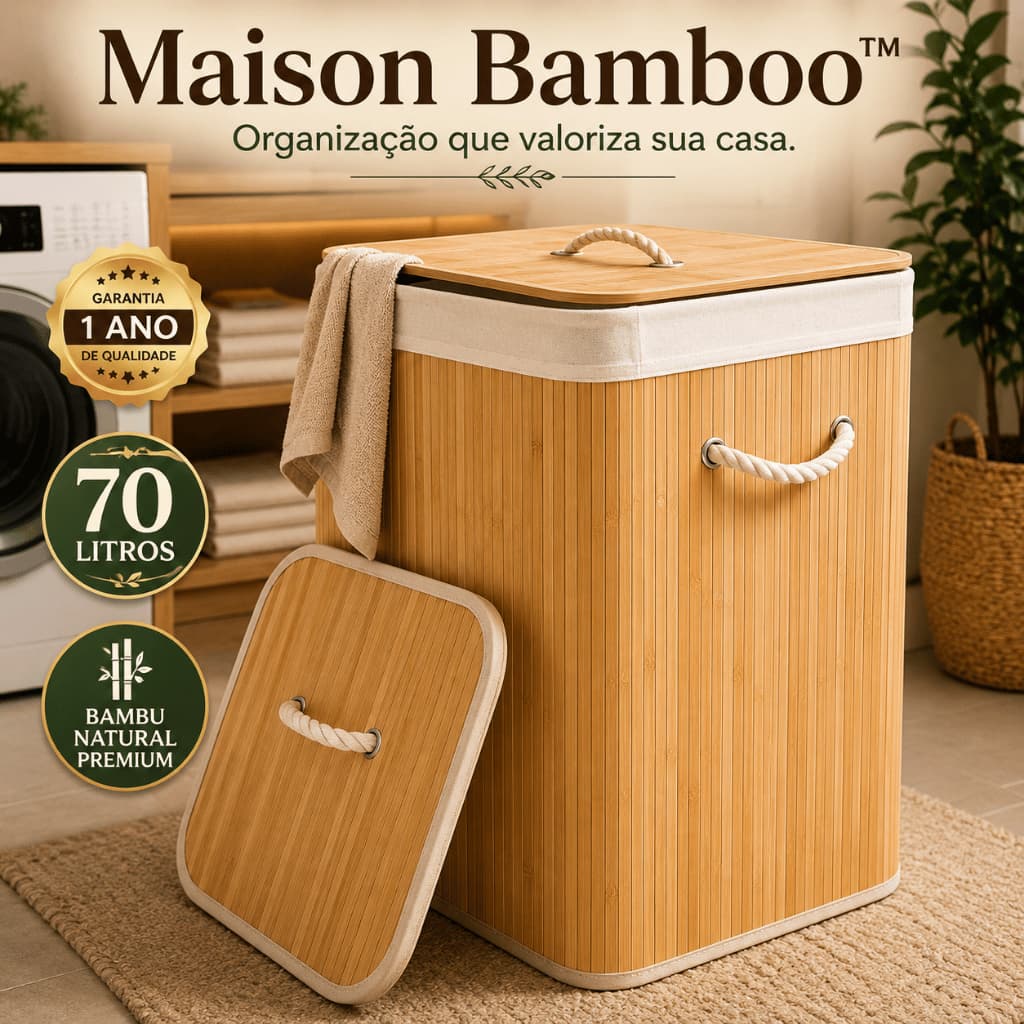 Cesto Organizador de Roupa Suja 70L Bambu Natural com Tampa e Alças Resistentes ideal para Lavanderia, Quarto e Banheiro