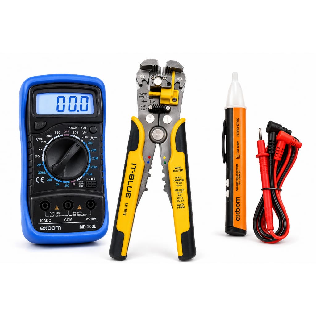 Kit Exbom Multímetro Digital MD-200L + Alicate Decapador LT-1918 + Detector de Tensão DT90