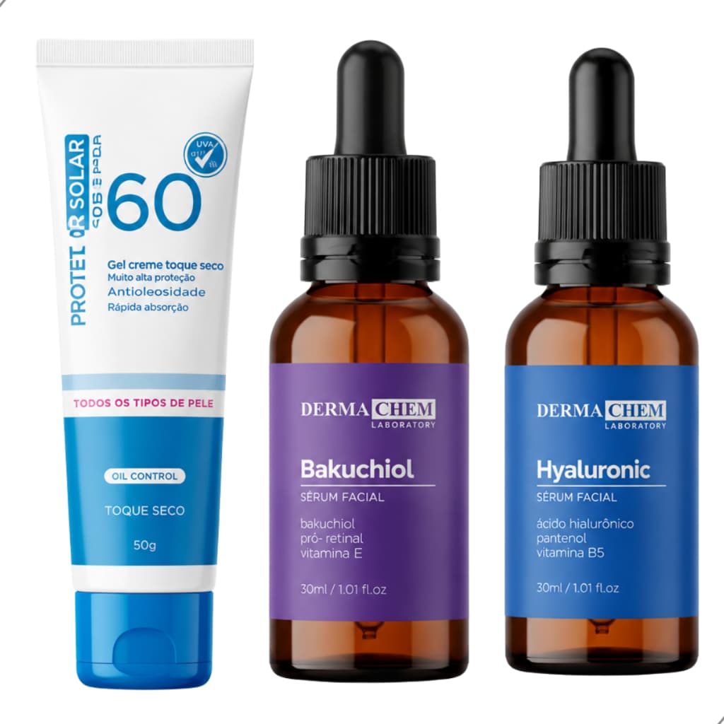 Kit Skincare Anti-Idade Completo Protetor Solar FPS 60 + Sérum Bioretinol + Sérum Peptídeos