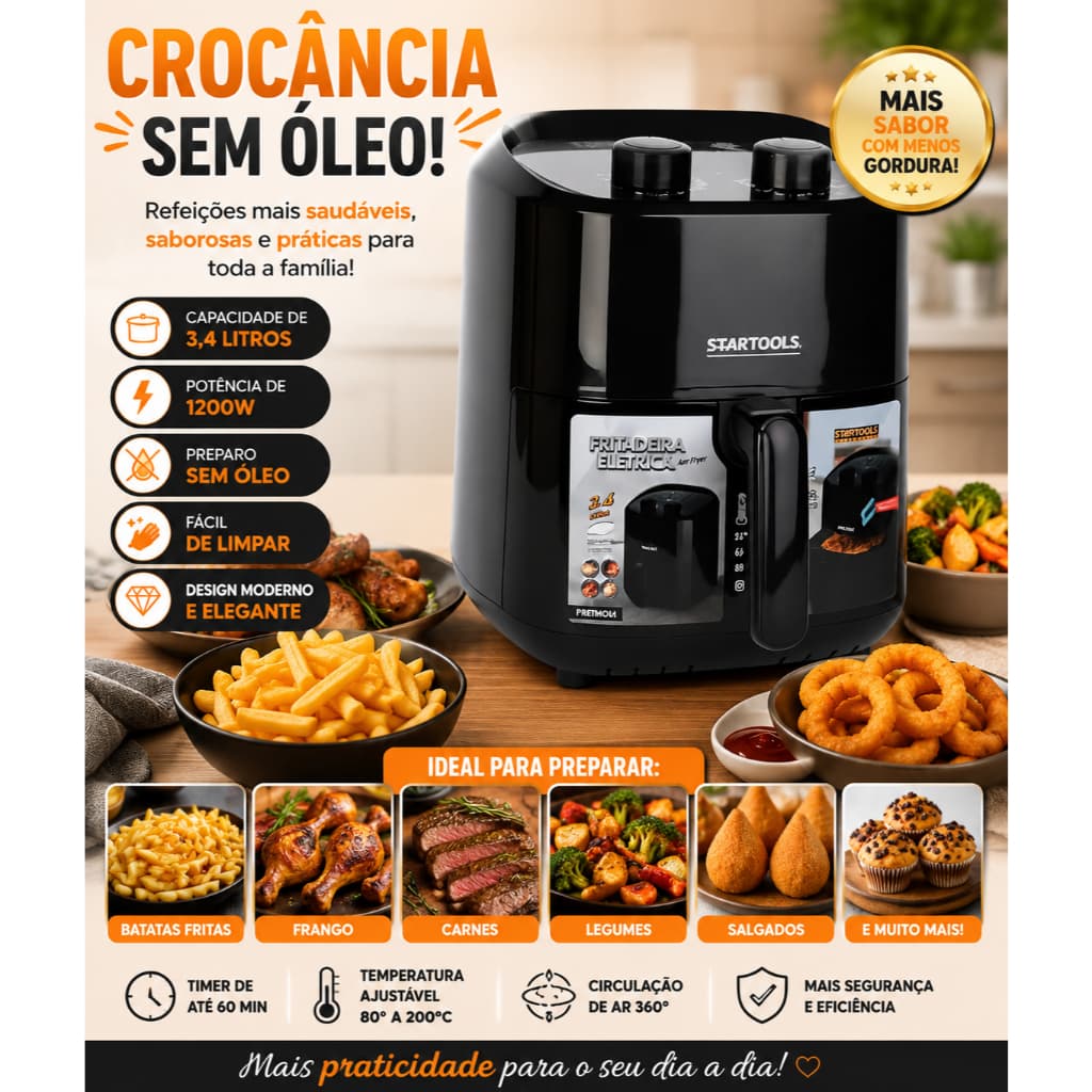 Fritadeira Elétrica Air Fryer 3,4 Litros 1200W 220V Sem Óleo Carne Pão Bolo