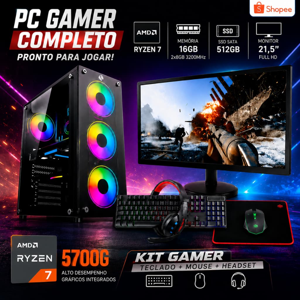 Pc Completo Gamer Ryzen 7 5700g B550M Ssd 512gb 2x8gb 3200MHZ Monitor 21,5'' - Kit Gamer: Teclado, Mouse e Headset