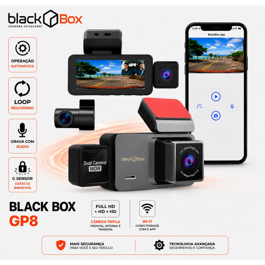 Black Box GP8 - Câmera Veicular Tripla Wifi Interna Traseira (Automotivo Carro Uber App)