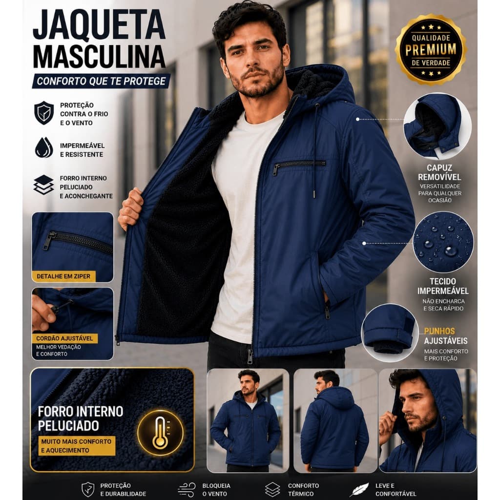 Jaqueta Inverno Microfibra Masculina Forrada Frio com Capuz Removível