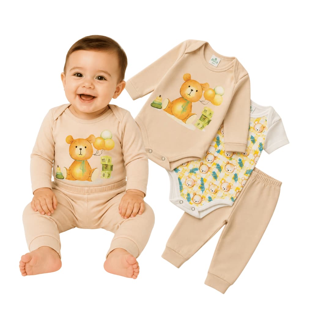 Kit Conjunto Bebê 3 Peças Body Manga Longa Curta E Calça Ursinho Algodão Enxoval Unissex