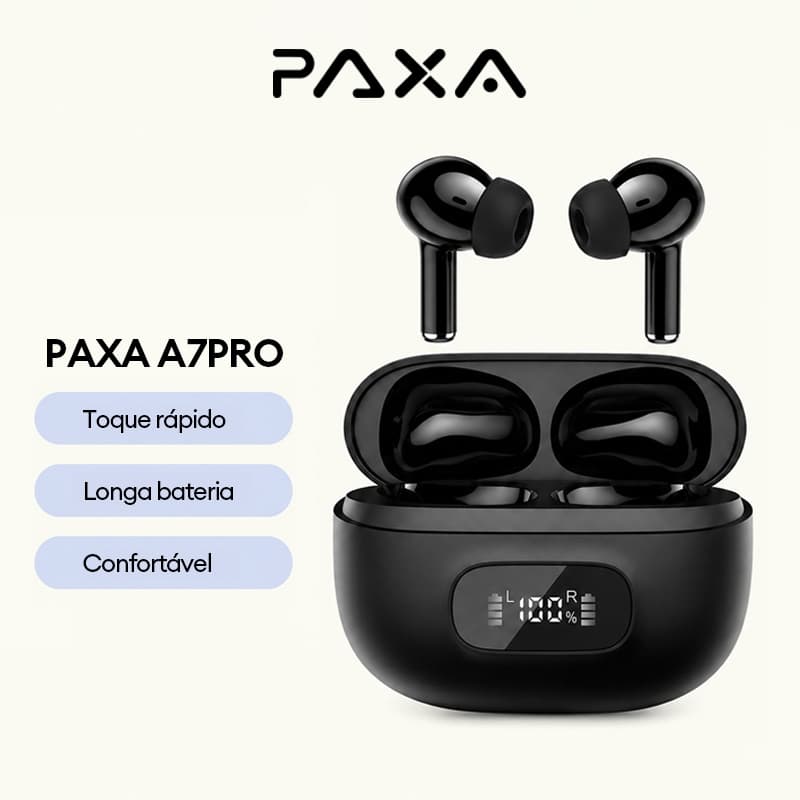 Fone de ouvido sem fio PAXA A7PRO Bluetooth 6.0 som Hi-Fi baixa latência 20 horas de bateria semi-in-ear Bateria Display