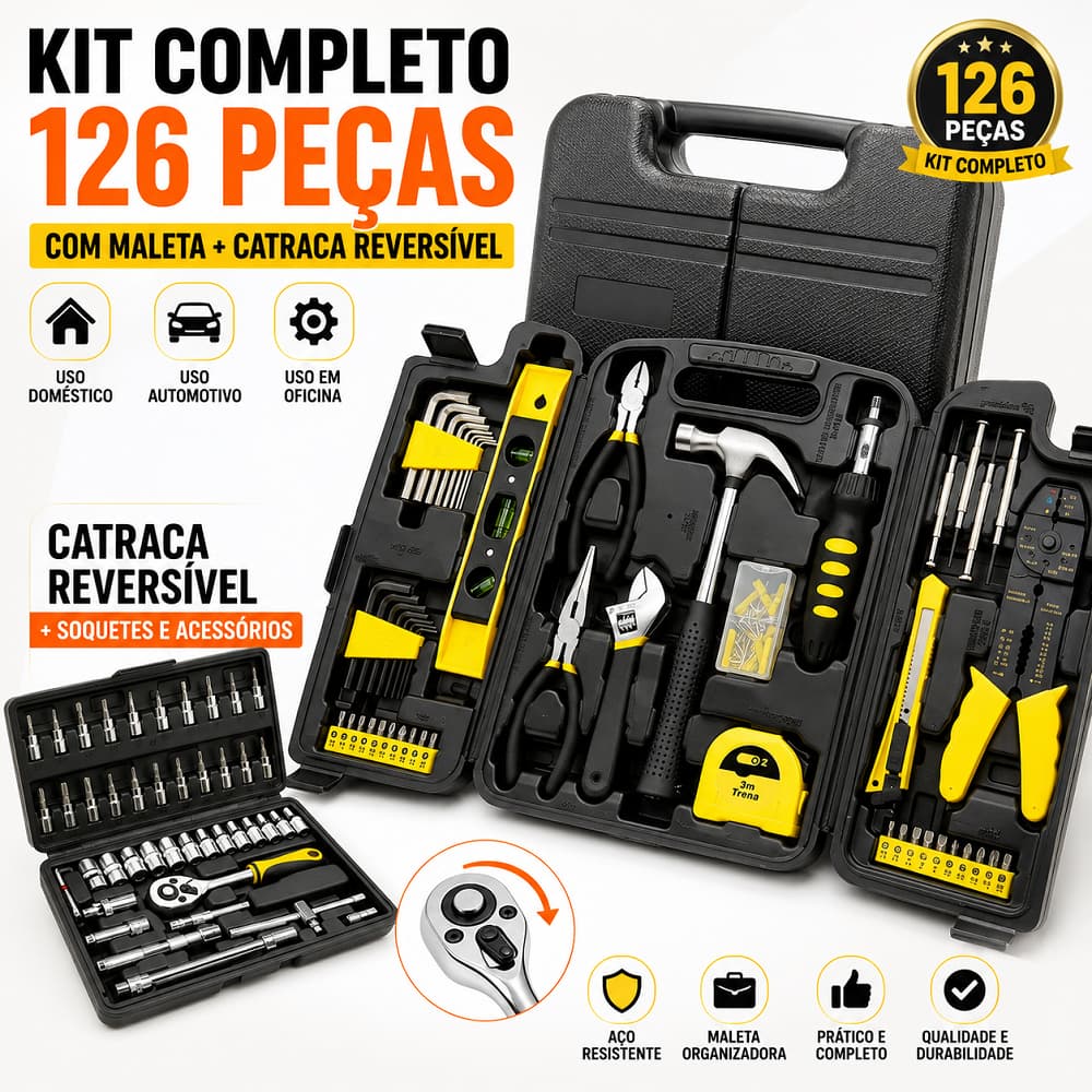 Kit Jogo de Ferramentas Completo com Maleta + Chave Catraca Reversível 126 Peças