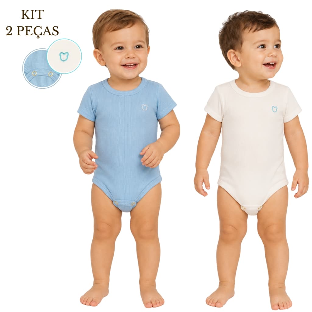 Kit 2 Peças Body Bebê Menino Manga Curta Bordado Ursinho Ribana Canelada Liso Enxoval
