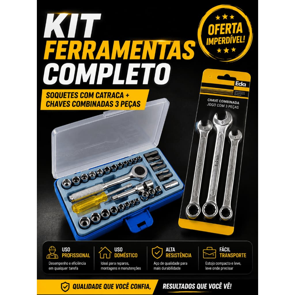 Kit Ferramentas 40 Peças Jogo De Soquetes Chave Catraca Reversível Completo + Jogo Chave Combinada 3 Peças EDA