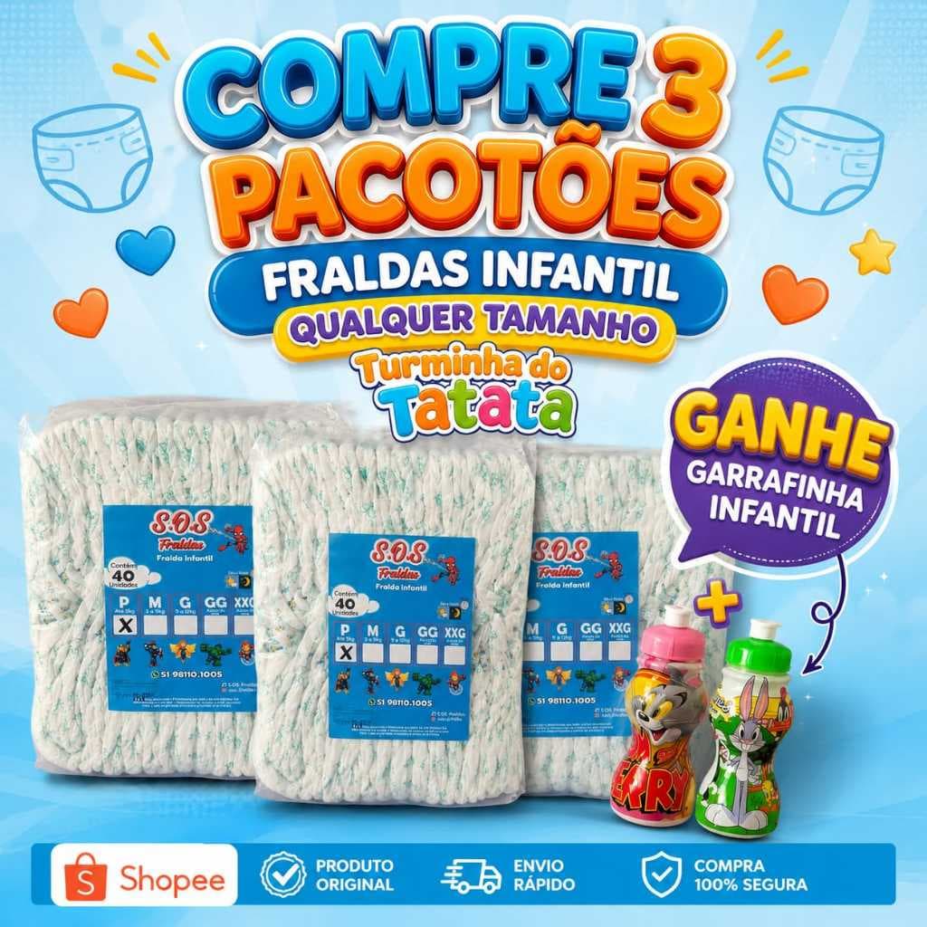 kit 3 Pacotões Fraldas Infantil Descartável ( P-120 un / M- 120un/ G-120un /GG - 114un/ XXG- 108un) + Ganhe 1 Garrafinha