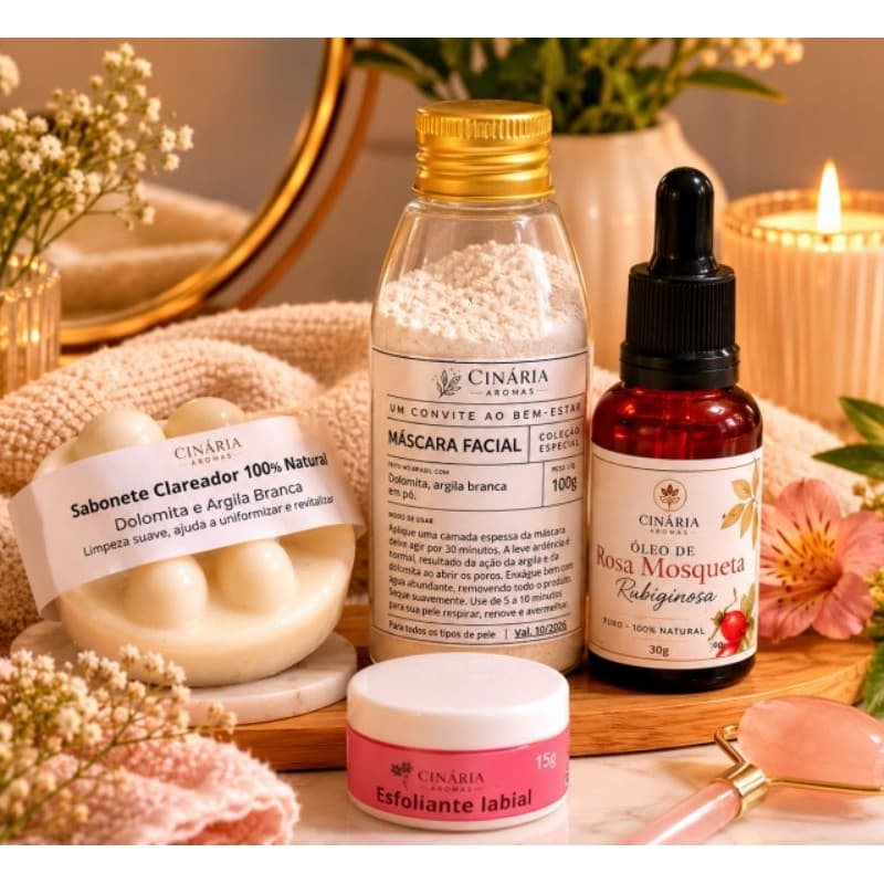 Kit Skincare Clareador de Rosa mosqueta,Dolomita e Argila Branca, Anti-idade, Tratamento Manchas e Melasmas 100% Natural
