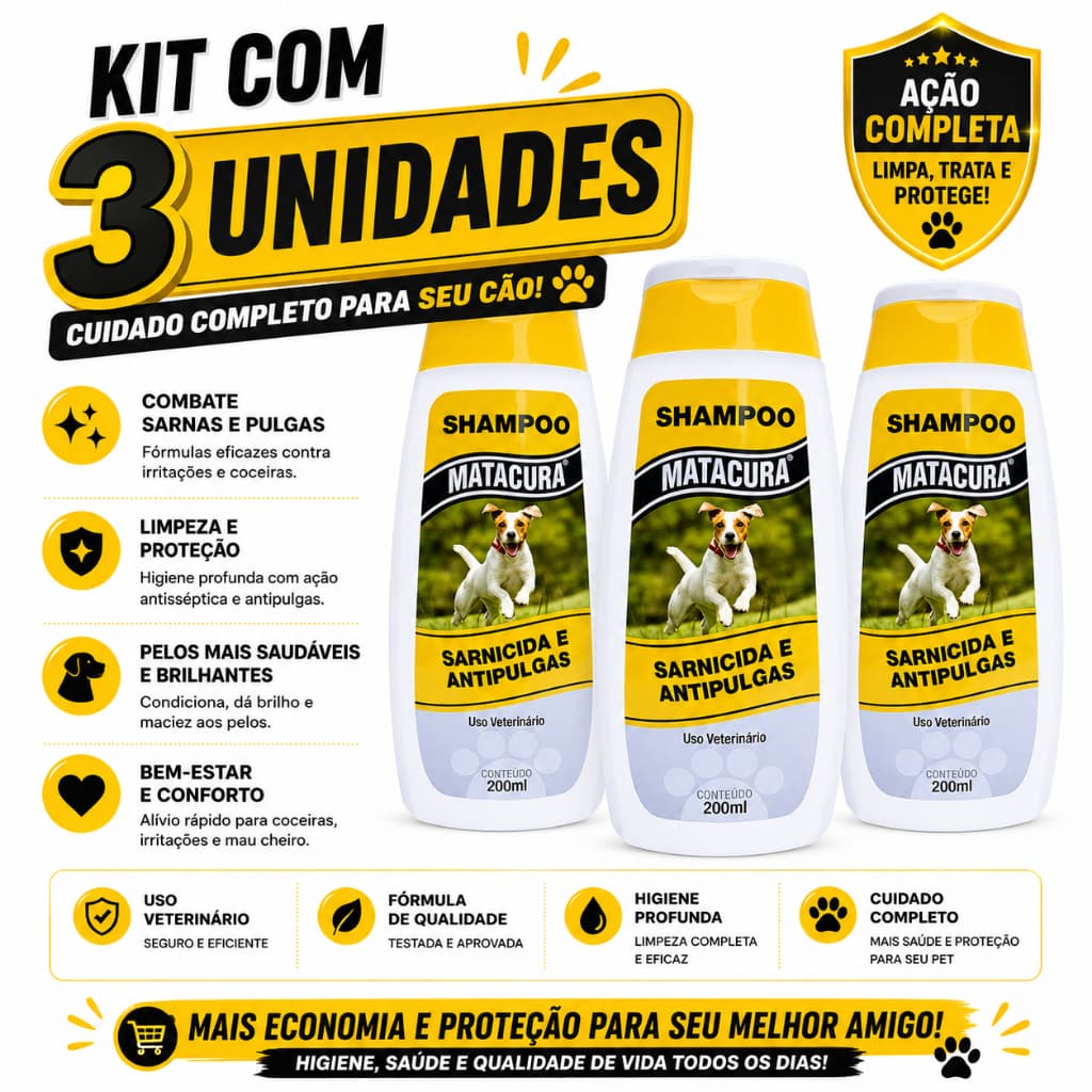 Kit C/ 3 Shampoo Matacura para Cachorros Sarnicida e Anti-Pulgas 200ml