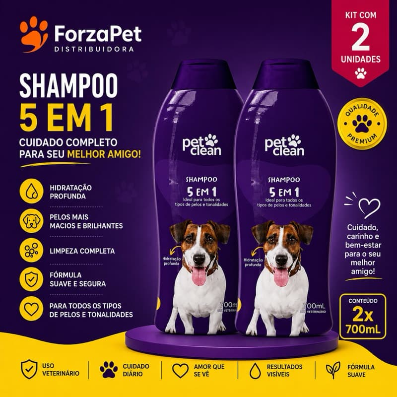 kit com 2 Shampoo Pet Clean 5 em 1 700ml para Cães | Limpeza, Hidratação e Brilho | Uso Veterinário