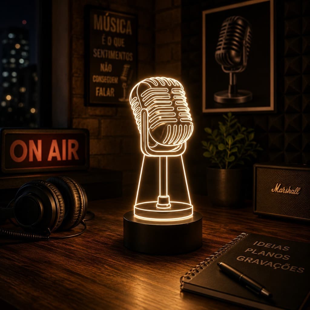Luminária Led 3d | Microfone Musica Banda | Abajur Presente Criativo Decoração Multicores