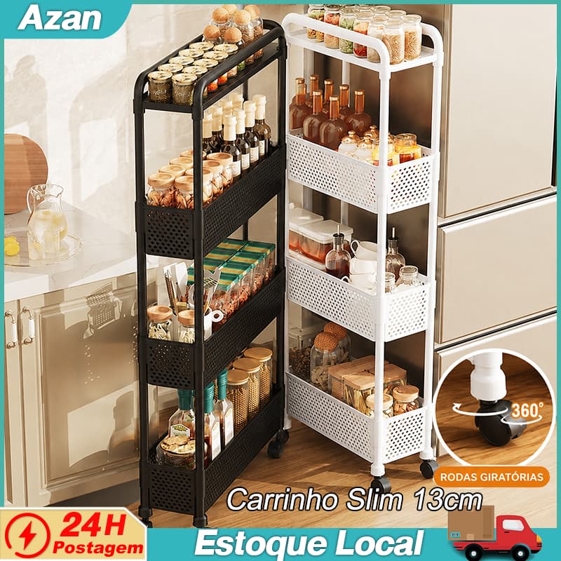 Carrinho Organizador Slim 13cm com Rodinhas 3 ou 4 Prateleiras Multiuso para Cozinha