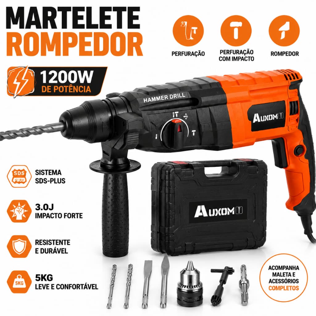 Martelete Elétrico 1200W SDS Plus Profissional 5kg Rompedor de Concreto com Maleta e Kit Completo de Brocas Construção P