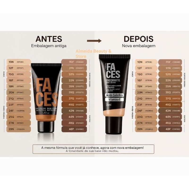 Base Líquida Check Matte Faces Natura 20ml | Escolha sua Tonalidade | Nova Embalagem 25ml