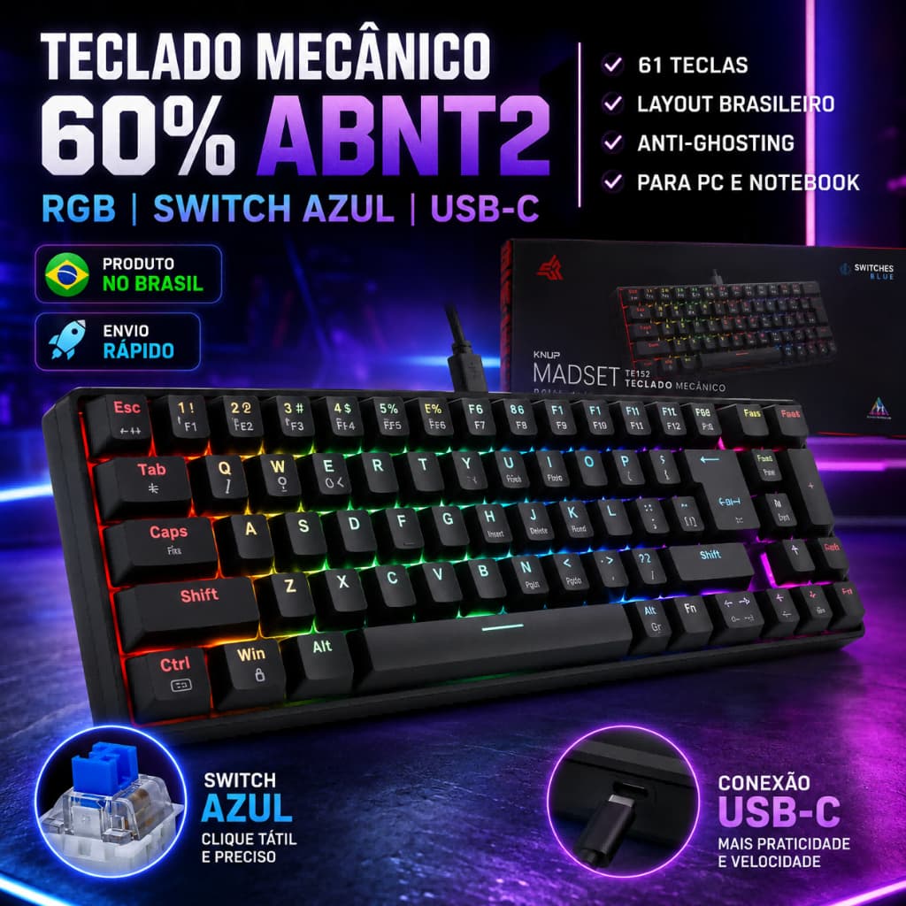Teclado Mecânico Gamer 60% ABNT2 RGB 61 Teclas Switch Azul USB-C Compacto