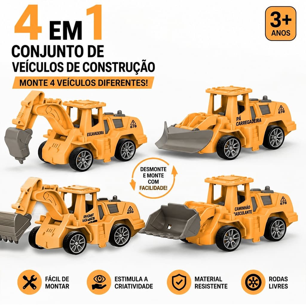 Kit 4 Tratores Escavadeira Carregadeira Construção Educativos 4 em 1