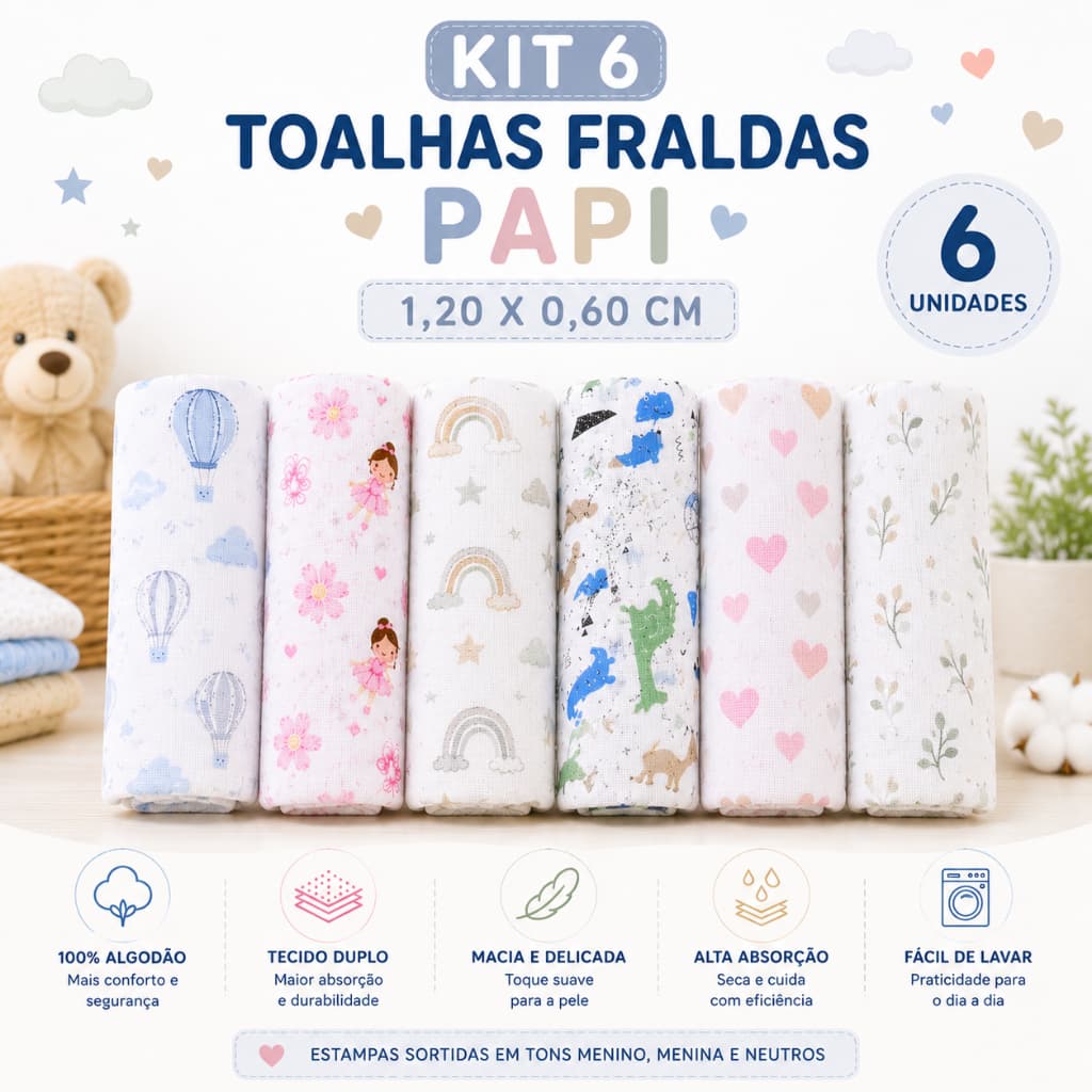 Kit 6 Toalhas Fralda Papi 100% Algodão 1,20 x 60 cm Macias Alta Absorção Estampadas