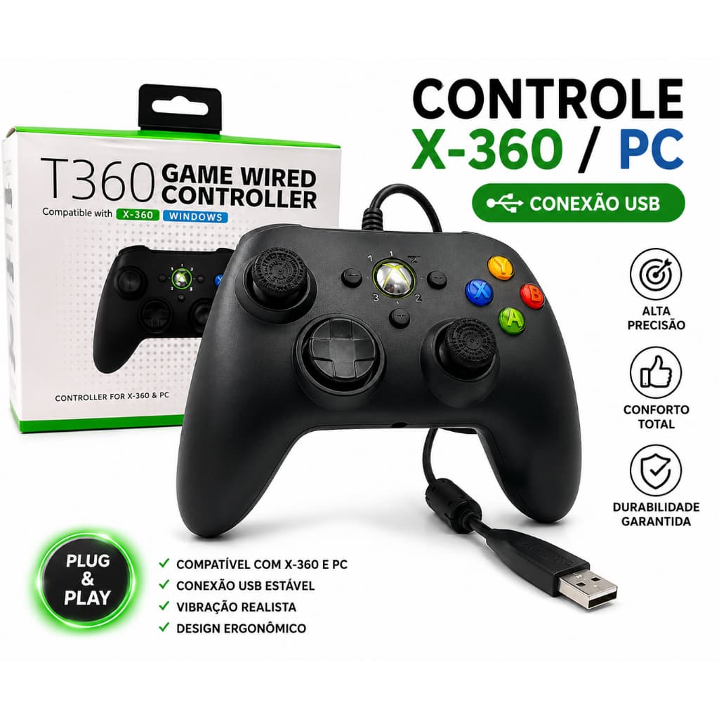 Controle De Xbox 360 Com Fio Para Video Game e PC/ Fat E Pc Joystick Jogo Lançamento 2026 botao turbo