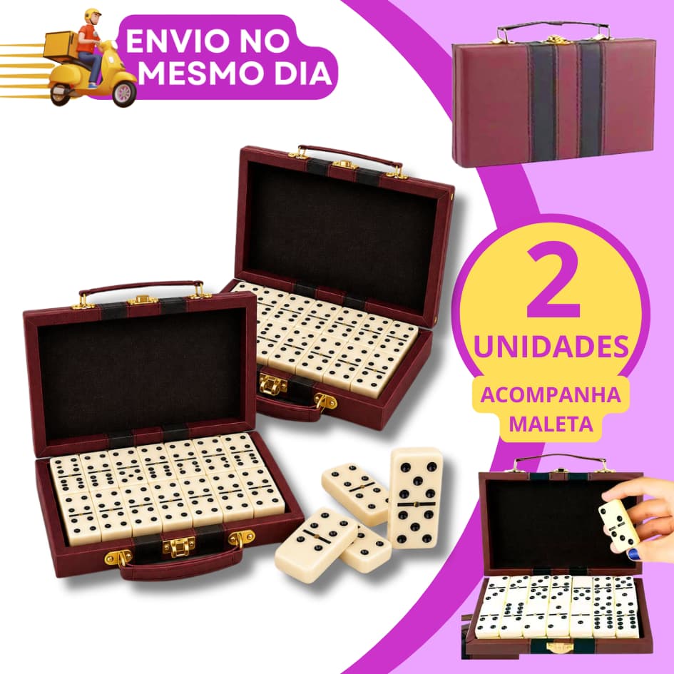 KIT 1 2 Jogo Domino de Osso Profissional 28 Peças Grandes com Maleta Luxo Estojo para Transporte Família