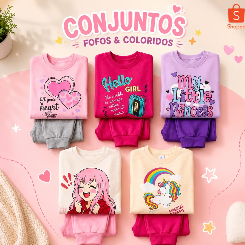 Kit Moletom Infantil Feminino Inverno 2 Peças Casaco e Calça Peluciada Conjunto Menina Roupa de Frio