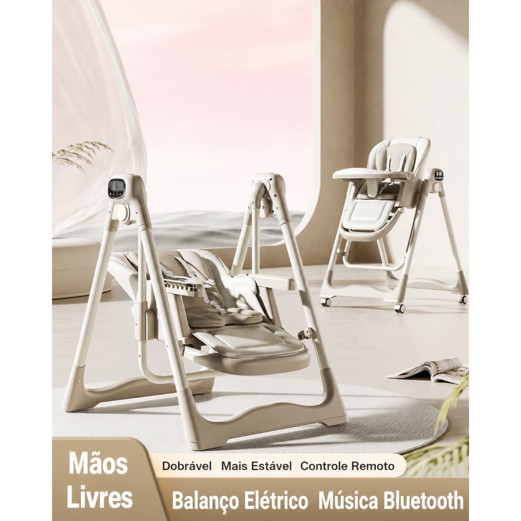 Cadeira de Alimentação Bebê 2 em 1 Balanço Elétrico Controle Remoto Bluetooth
