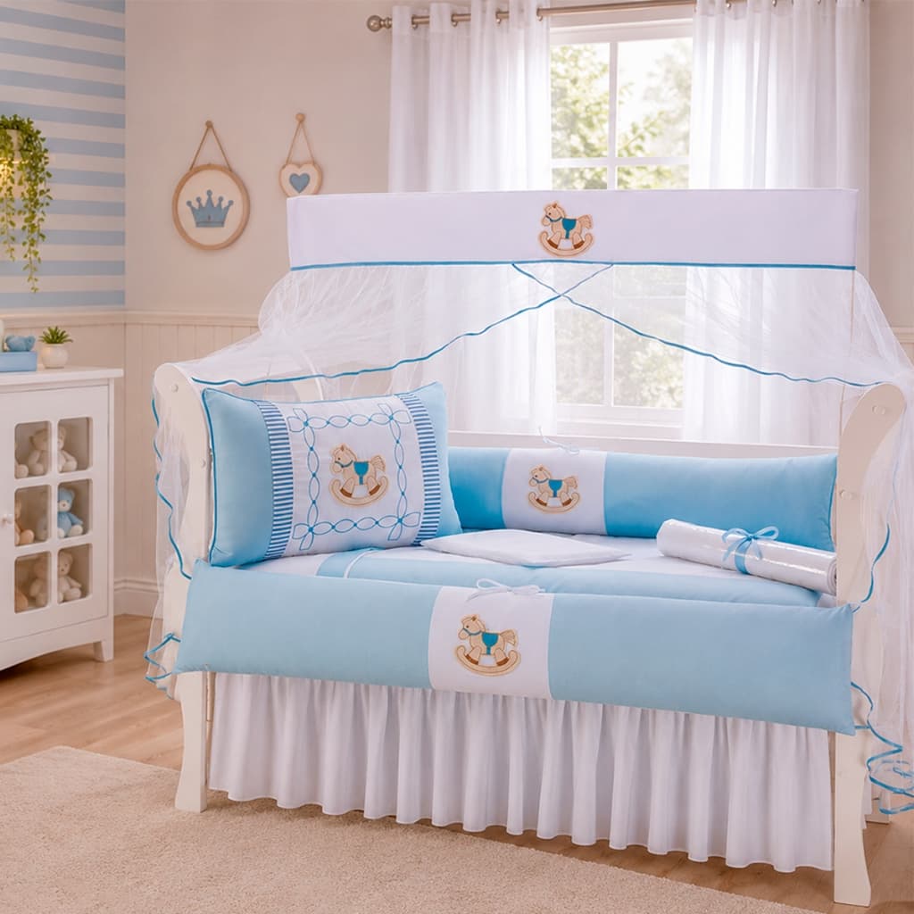 Kit Enxoval de Berço Americano Fazendinha para Menino Azul com 09 Peças - Cavalinho