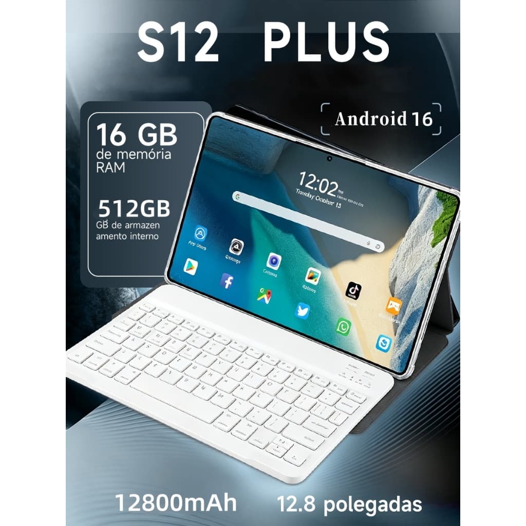 Tablet PC S12 Plus 12.8" Android 15 | 16GB RAM + 512GB Armazenamento |Bateria 12800mAh | 24MP+48MP |  Estudo e Trabalho