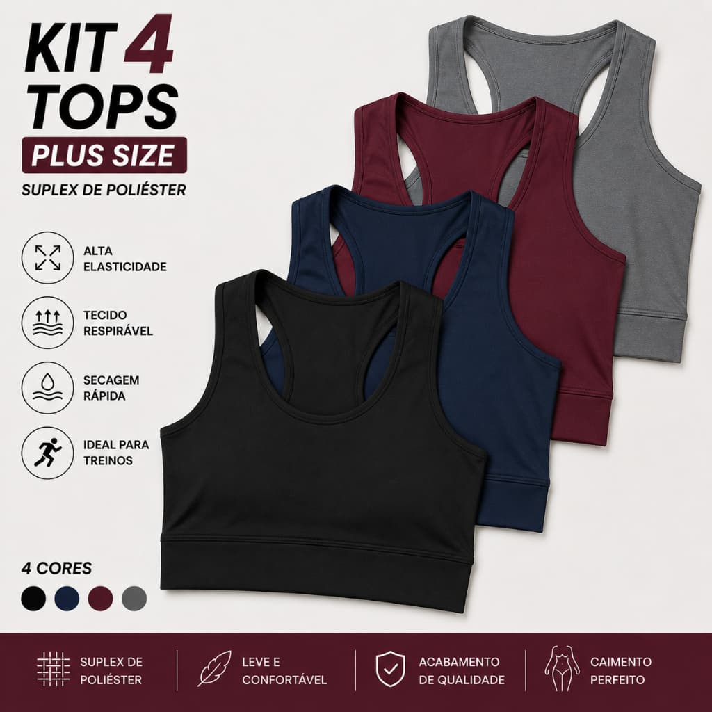 Kit 4 Ou Apenas 2 Top Feminino Fitness Plus Size Moda Academia Confortável Alça Grossa