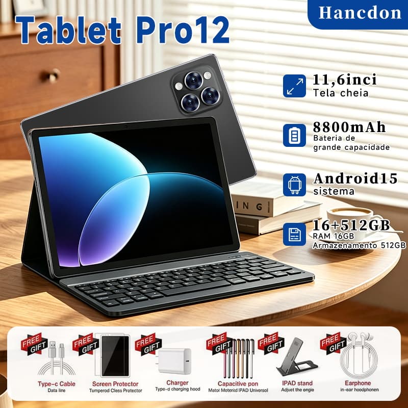 Combo com Teclado e Mouse Tablet Pro12 - 11,6" polegadas 16GB + 512GB Android 15 8800mAh Ideal para Estudos e Jogos
