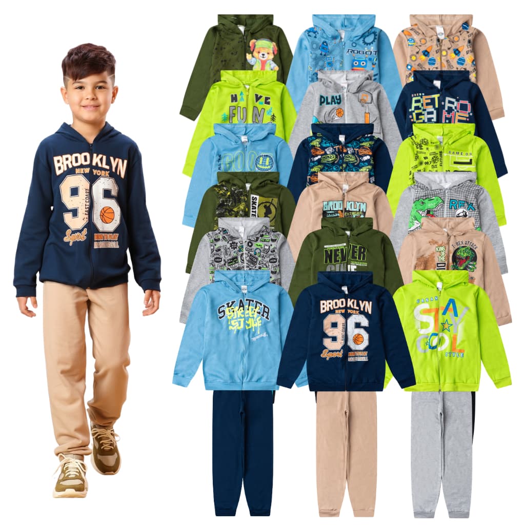Kit 12 Peças Moletom Infantil Menino Inverno Conjunto 1 ao 14 masculino com Zíper e Capuz