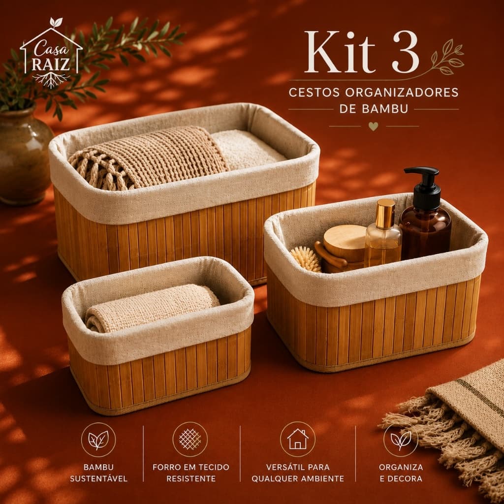 Kit Conjunto Cestos Organizador Bambu 3 ou 4 Peças Multiuso Banheiro Closet Lavanderia quarto