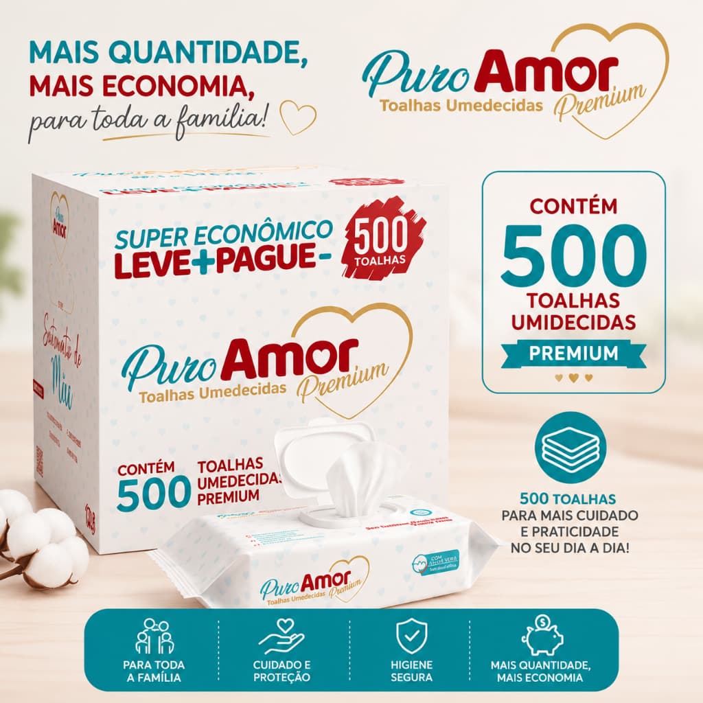 Caixa C/500 Toalhas Umedecidas Puro Amor Premium, Hipoalergênicas, Multiuso, Para Toda Família