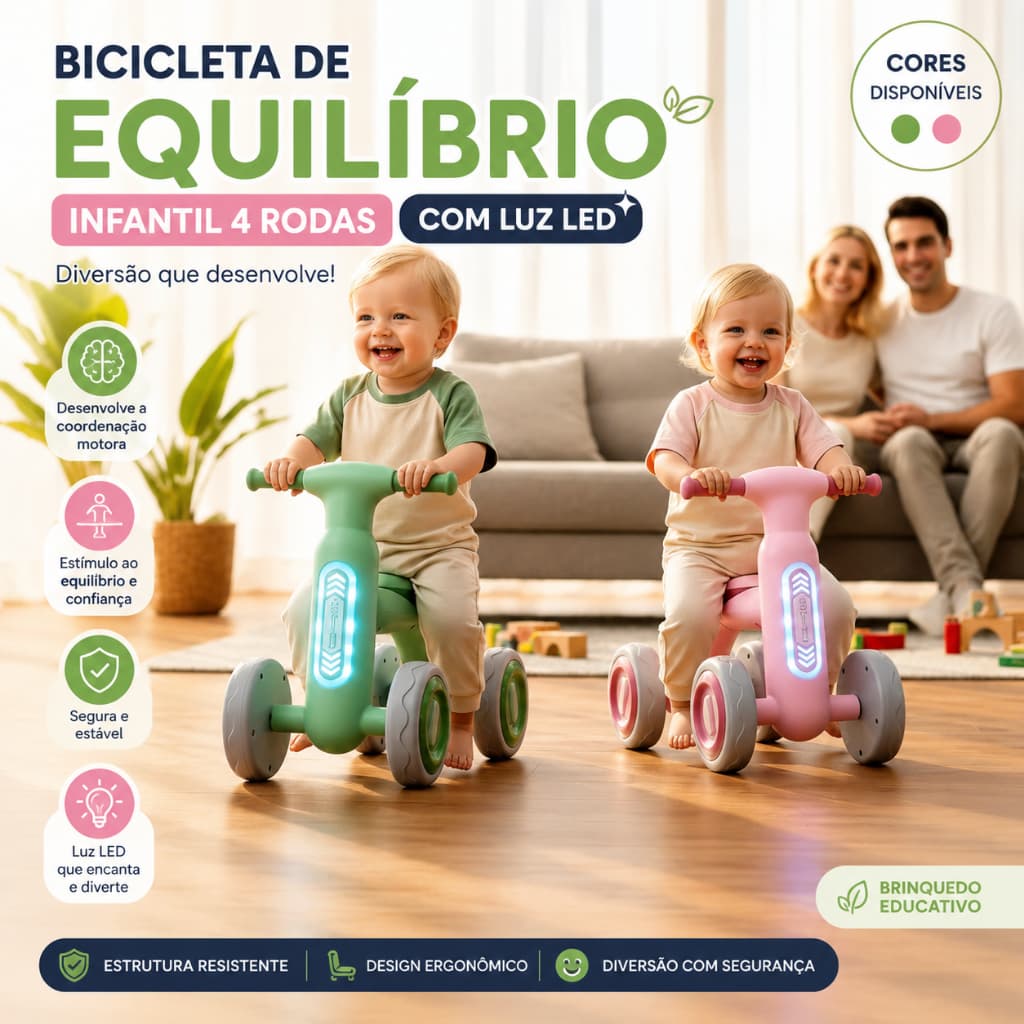 Bicicleta de Equilíbrio Bike Infantil 4 Rodas Andador de Bebê com Som e Luz LED Coordenação Motora Crianças