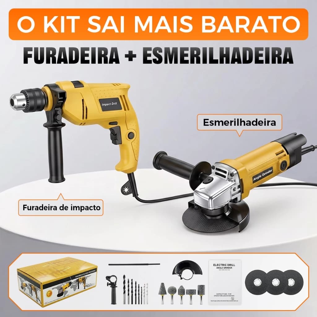 Combo Ferramentas Elétricas 110-127V/220V 2 em 1 Com Fio Furadeira Esmerilhadeira Angular Resistente Fácil de Usar