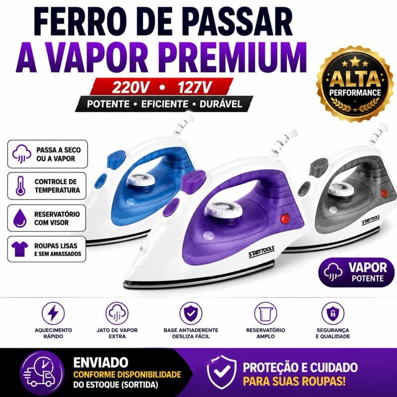 FERRO DE PASSAR ROUPA A Vapor Premium  ou À SECO Soft 220V ou 127V 1500W Com Led Indicativo