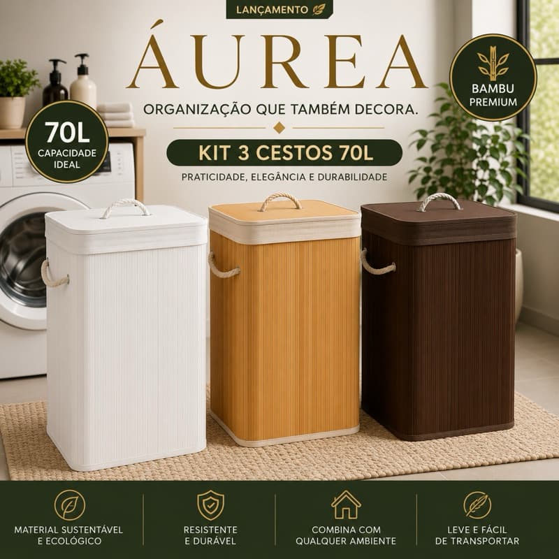 Cesto de Roupas 70 litros de Bambu Dobravel com Tampa Organizador Premium ÁUREA™ para Lavanderia e Banheiro