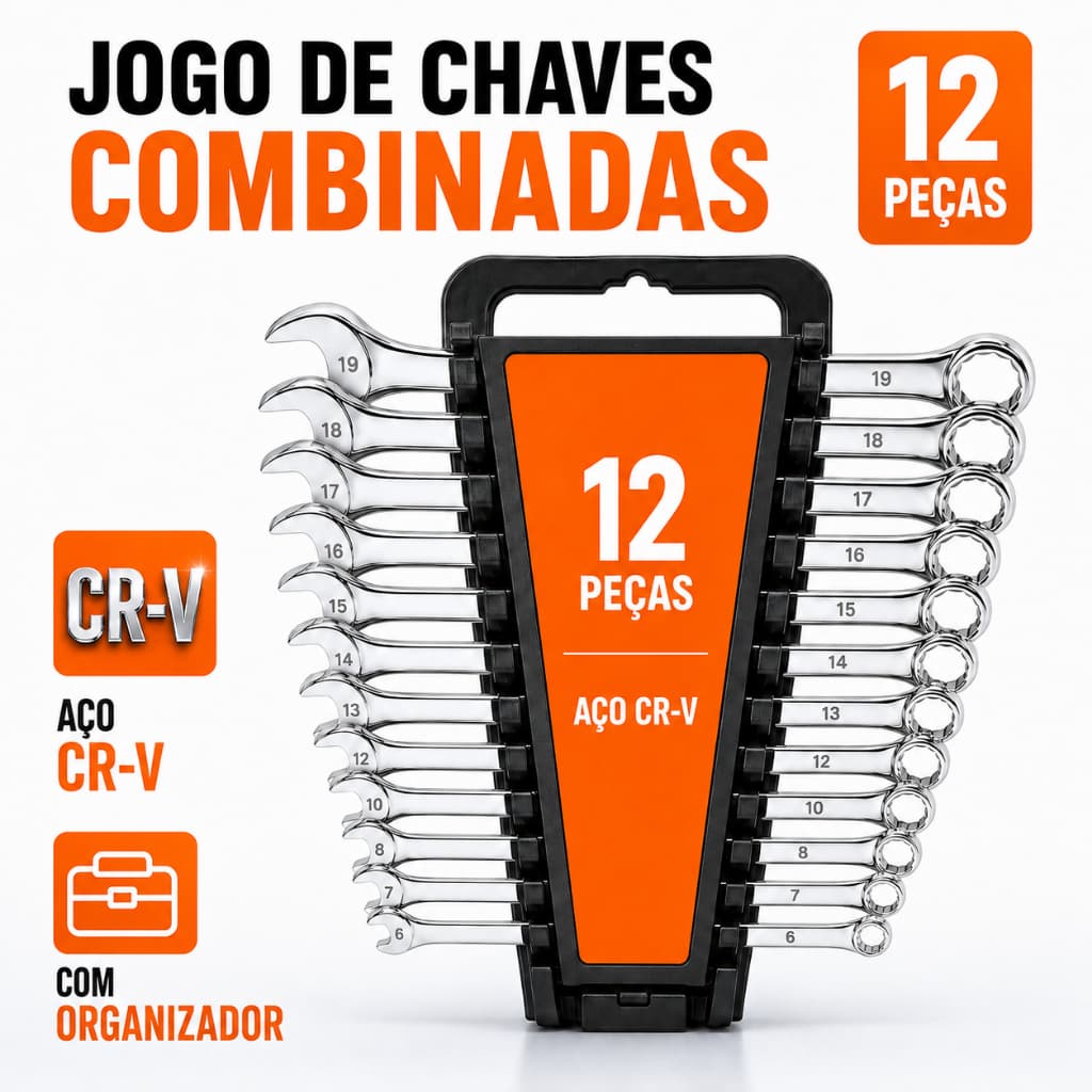 Kit de 12 Chaves Combinadas de Aço Cromo Vanádio Cr-V  Estrela Placada de 6 mm a 19 mm