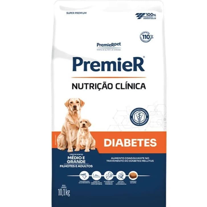Ração Premier Pet 10,1Kg Diabetes Cães Adultos e Filhotes Médio Grande Sabor Mix