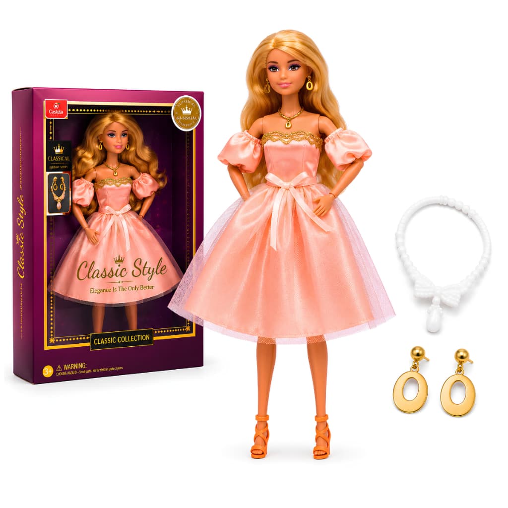 Boneca Coleção Vestido De Festa Articulada Colar E Brincos - Castela
