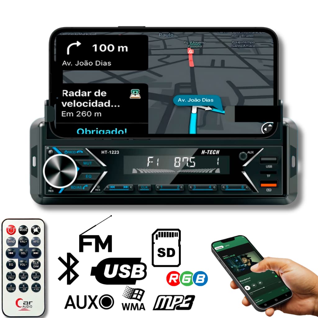 Auto Rádio Som Bluetooth MP3 Automotivo Carro 2 Usb Sd Card Fm 4x45w Rca Com Suporte para Celular Pratico